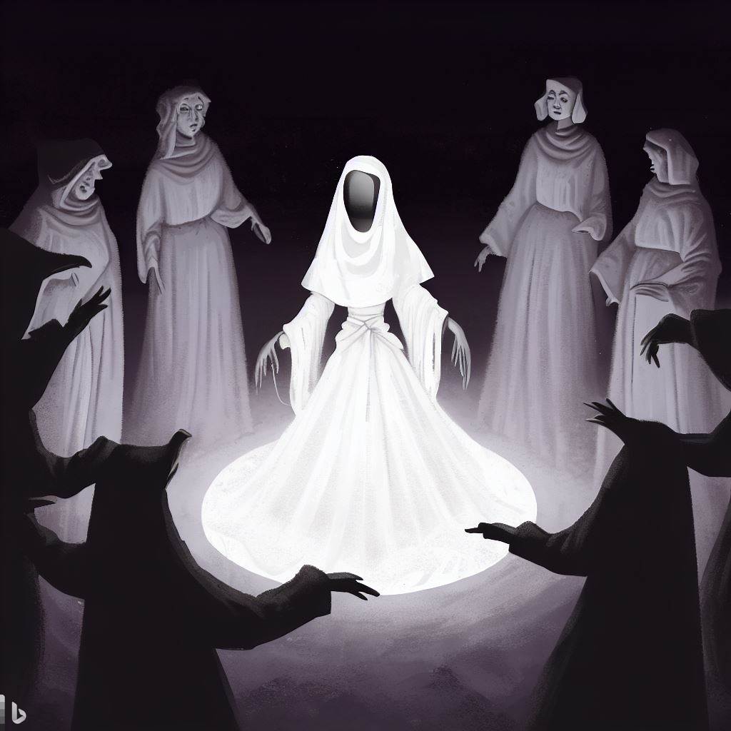 Ilustración de una viuda vestida de blanco en el centro de un círculo de siete miembros de la sociedad, todos en medio de un ritual nocturno.