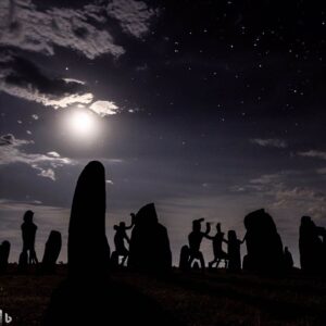 Imagen de las Piedras Negras de Ábrego bajo la luna llena, con la silueta de figuras humanas realizando un ritual alrededor de las piedras